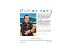 Graham Young Artist biography page featuring a photo of the artist at Waihi Beach, with career background and a Certificate of Authenticity for the 2027 wall calendar