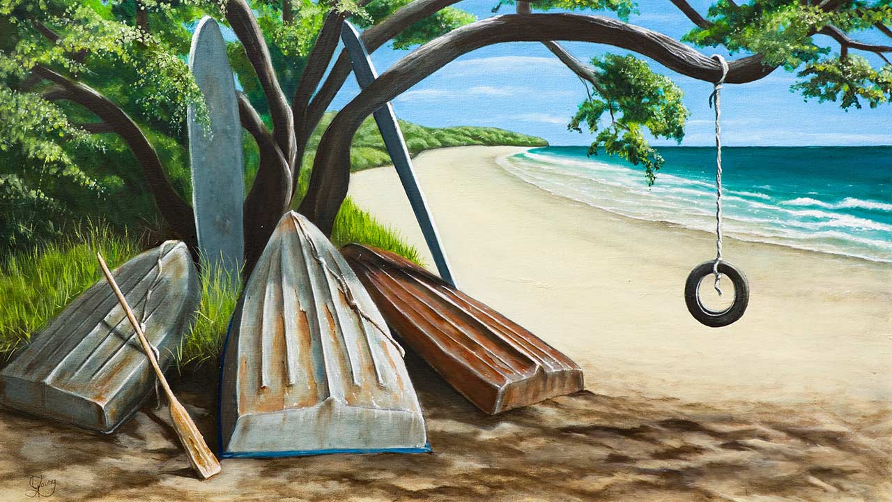 A Shady Haven by Graham Young Artist — dinghies and surf boards sheltered in the shade on a Wellington beach corner, New Zealand