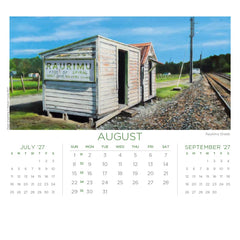 August page of the desk 2027 calendar featuring "Raurimu Sheds" by Graham Young Artist