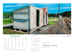 August page of the large wall 2027 calendar featuring "Raurimu Sheds" by Graham Young Artist