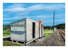 August page of the wall booklet 2027 calendar featuring "Raurimu Sheds" by Graham Young Artist