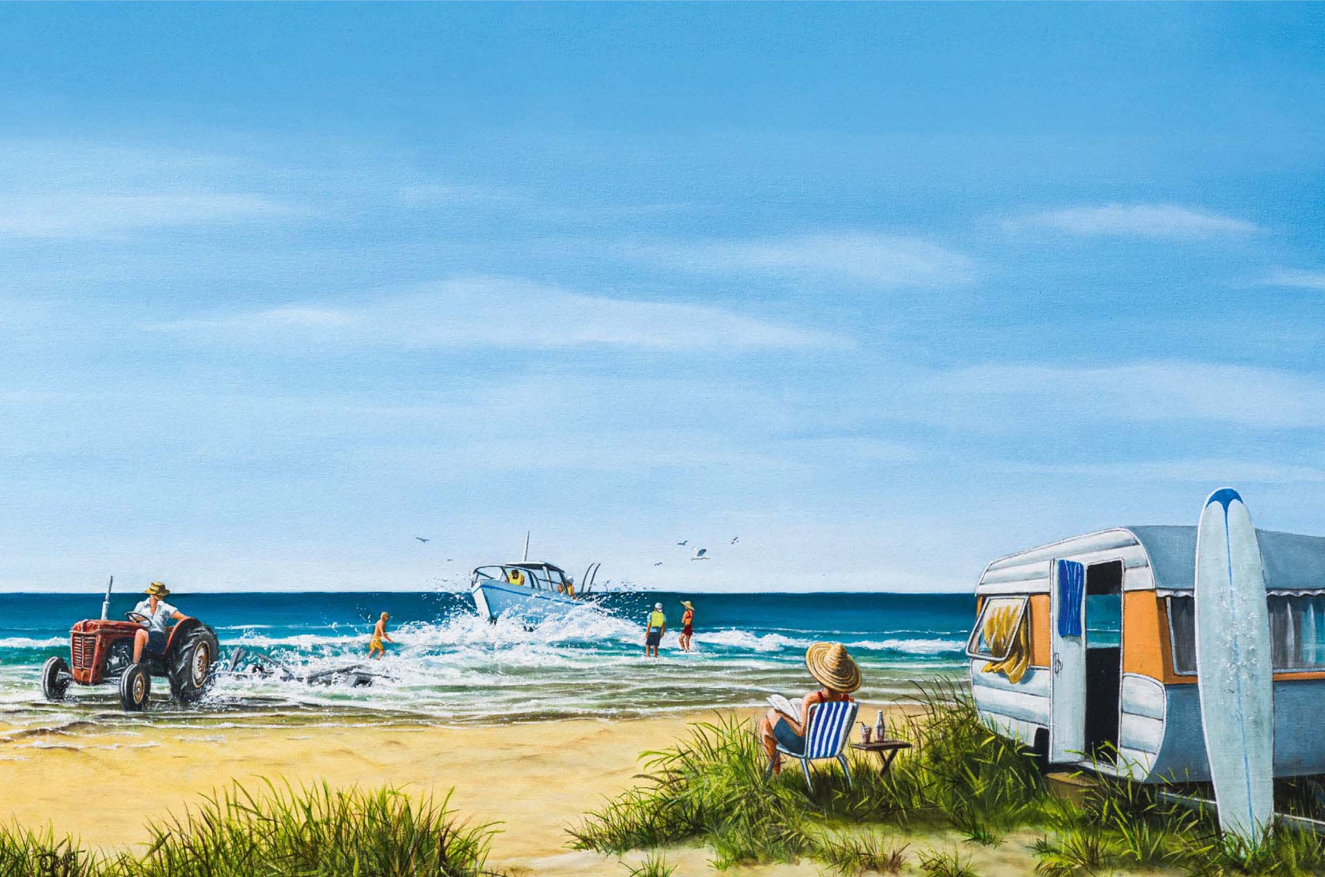 Oil painting of a tractor bringing a boat ashore after fishing, with a caravan parked nearby on a New Zealand beach during summer.