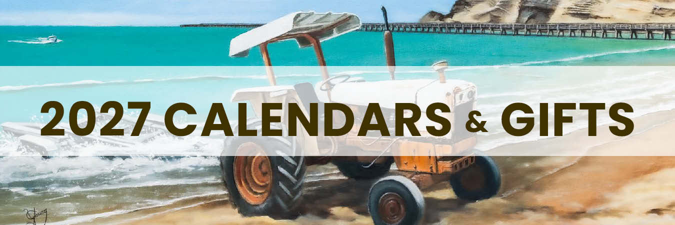 2027 New Zealand calendar and merchandise by Graham Young Artist, an old tractor on the beach at Tolaga Bay