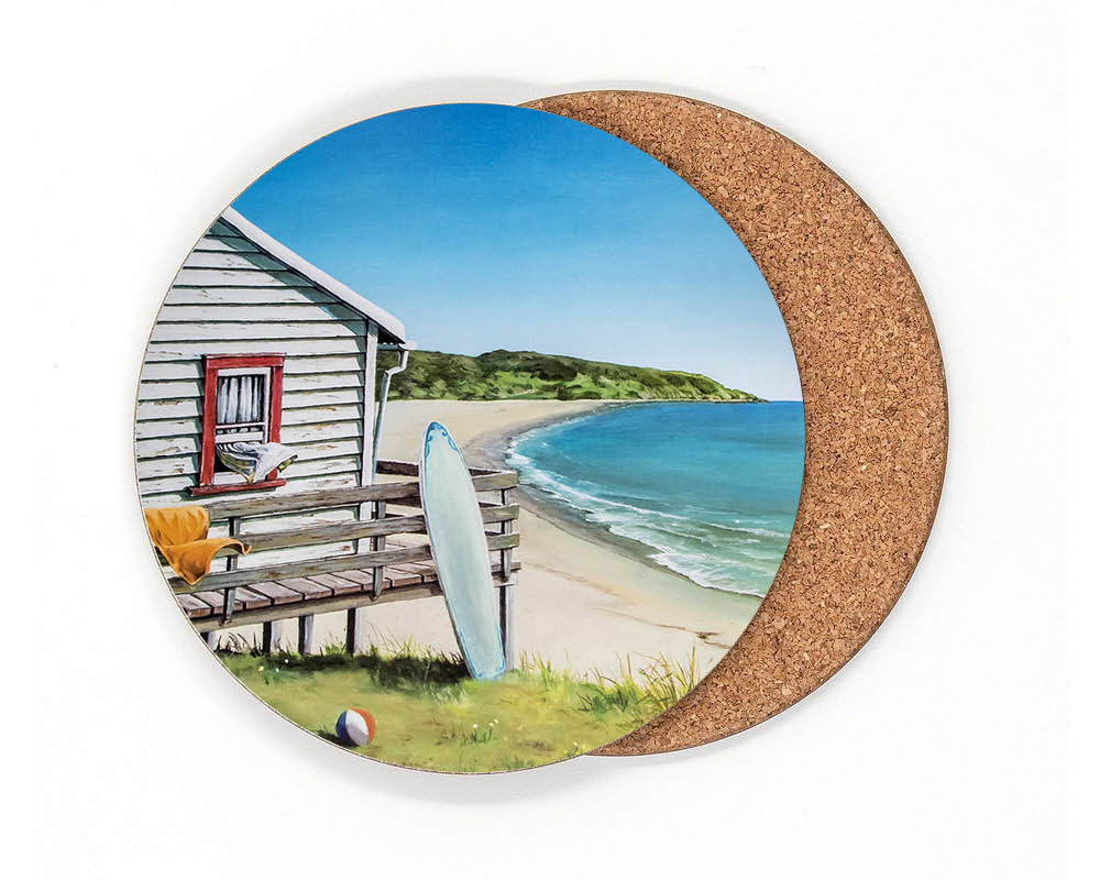Bach by the Sea coaster by Graham Young Artist — a New Zealand beach bach scene, from the cork-backed NZ coastal coaster set