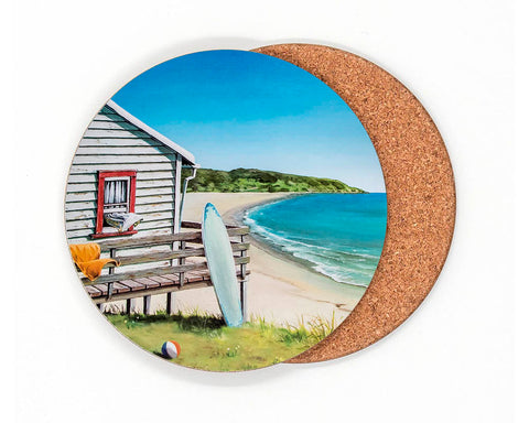 Bach by the Sea coaster by Graham Young Artist — a New Zealand beach bach scene, from the cork-backed NZ coastal coaster set