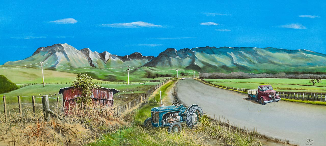 Craggy Range, Hawke's Bay, oil painting by Graham Young Artist: an old blue tractor, red shed and red truck below rugged hills