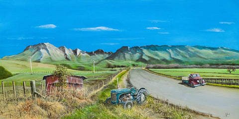 Original oil painting of Craggy Range by Graham Young Artist. A Hawke's Bay country road with old rural vehicles. Available now — enquire for details.