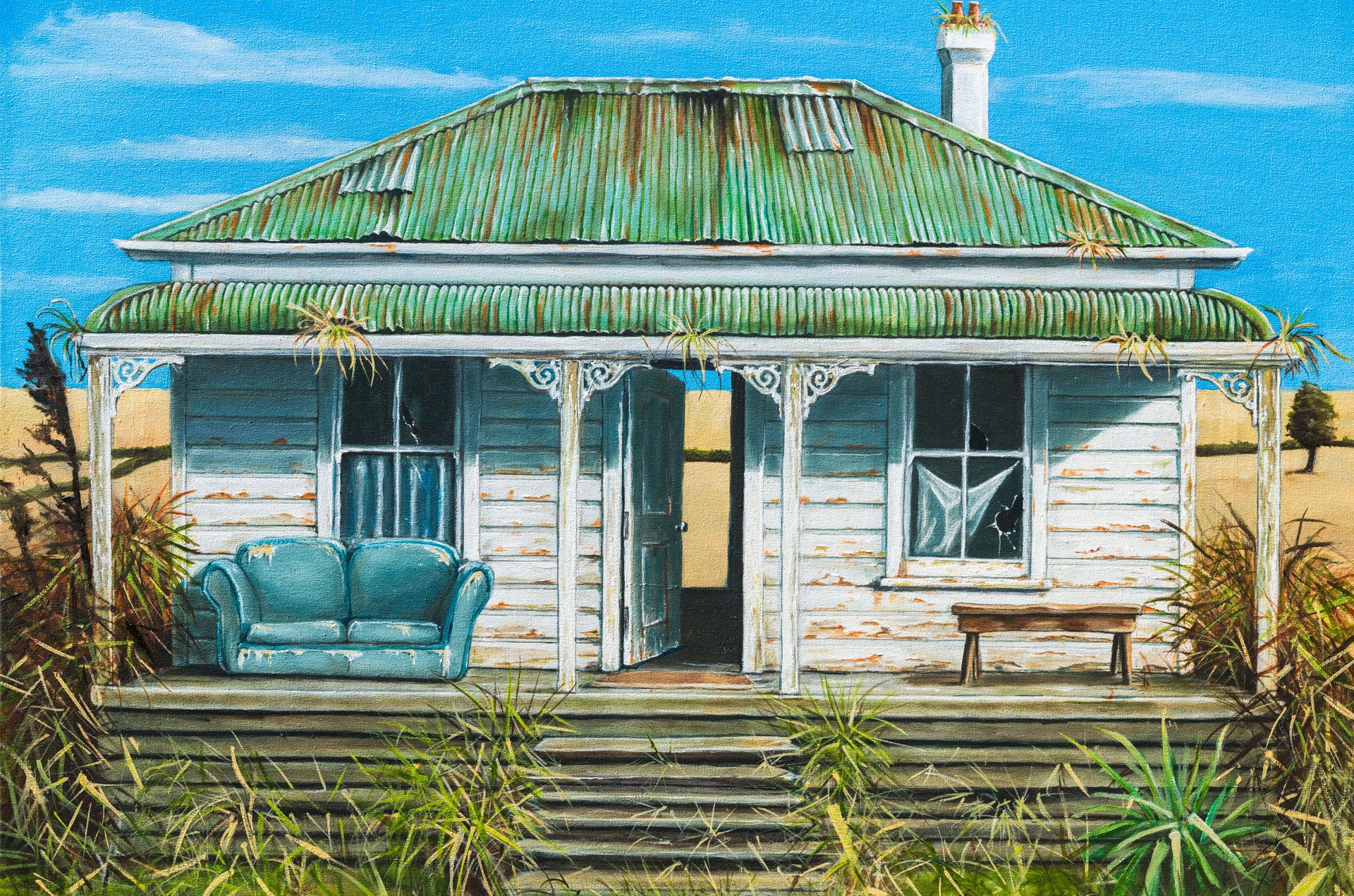 Oil on Stretched Canvas. The old weathered villa has seen better days as it becomes part of the landscape, forgotten and overgrown in the hot summer sunshine. Faded Splendour, a painting by Graham Young Artist.