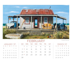 February page of the desk 2027 calendar featuring "Coastal Retreat" by Graham Young Artist