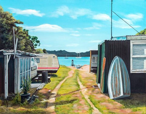 An oil painting of fishermans' huts and caravans in a tranquil setting at Opahi Bay in Mahurangi West by Graham Young Artist.