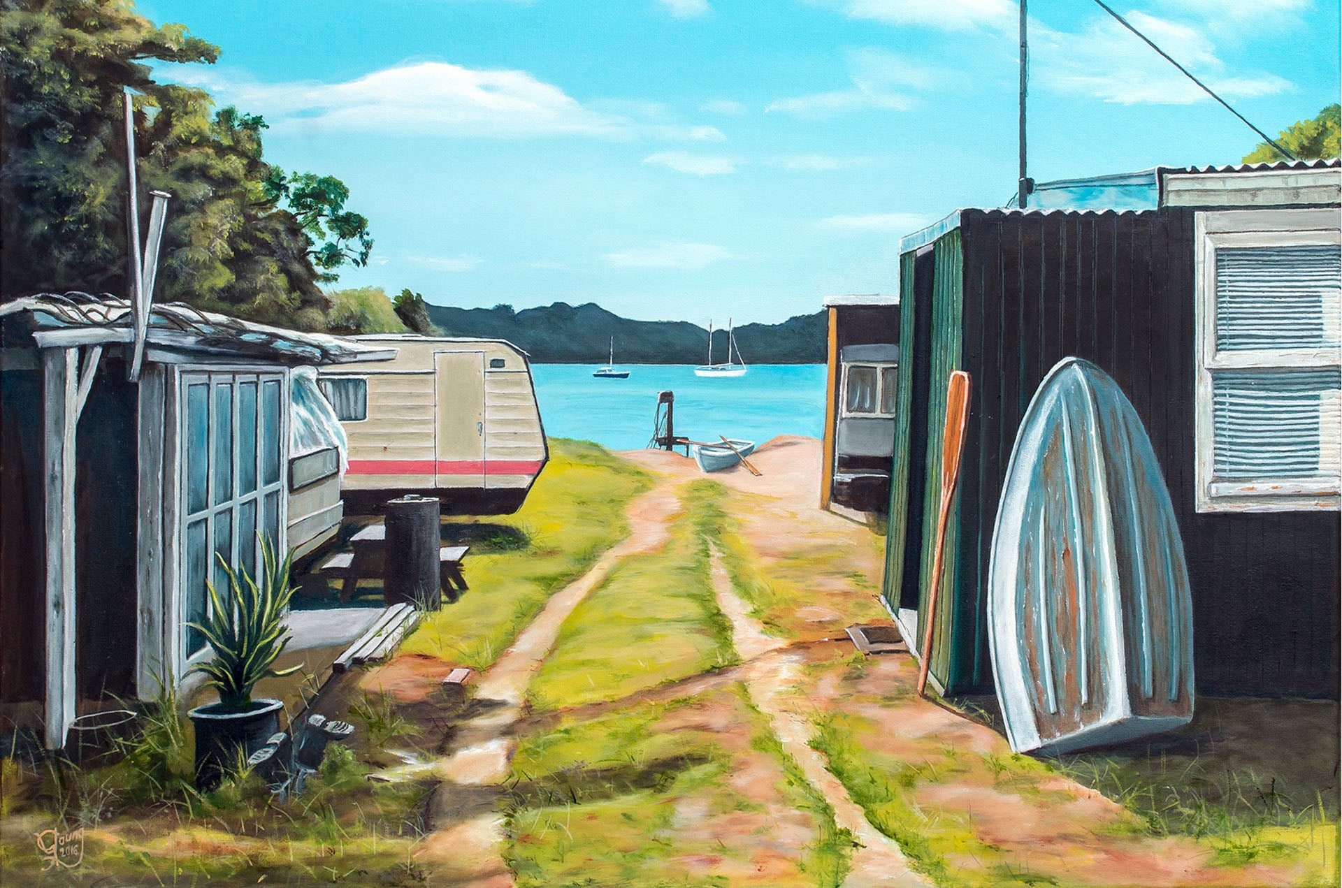 An oil painting of fishermans' huts and caravans in a tranquil setting at Opahi Bay in Mahurangi West by Graham Young Artist.