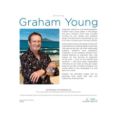 Graham Young Artist biography page featuring a photo of the artist at Waihi Beach, with career background and a Certificate of Authenticity for the 2027 desk calendar