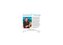 Graham Young Artist biography page featuring a photo of the artist at Waihi Beach, with career background and a Certificate of Authenticity for the 2027 large wall calendar