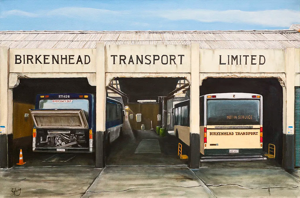 An original oil painting by New Zealand artist Graham Young titled 'Birkenhead Bus Depot'. A painted scene of the bus depot and the once yellow tanned buses that were a constant daily feature for the residents of the North Shore.