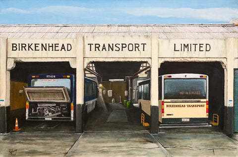 An original oil painting by New Zealand artist Graham Young titled 'Birkenhead Bus Depot'. A painted scene of the bus depot and the once yellow tanned buses that were a constant daily feature for the residents of the North Shore.