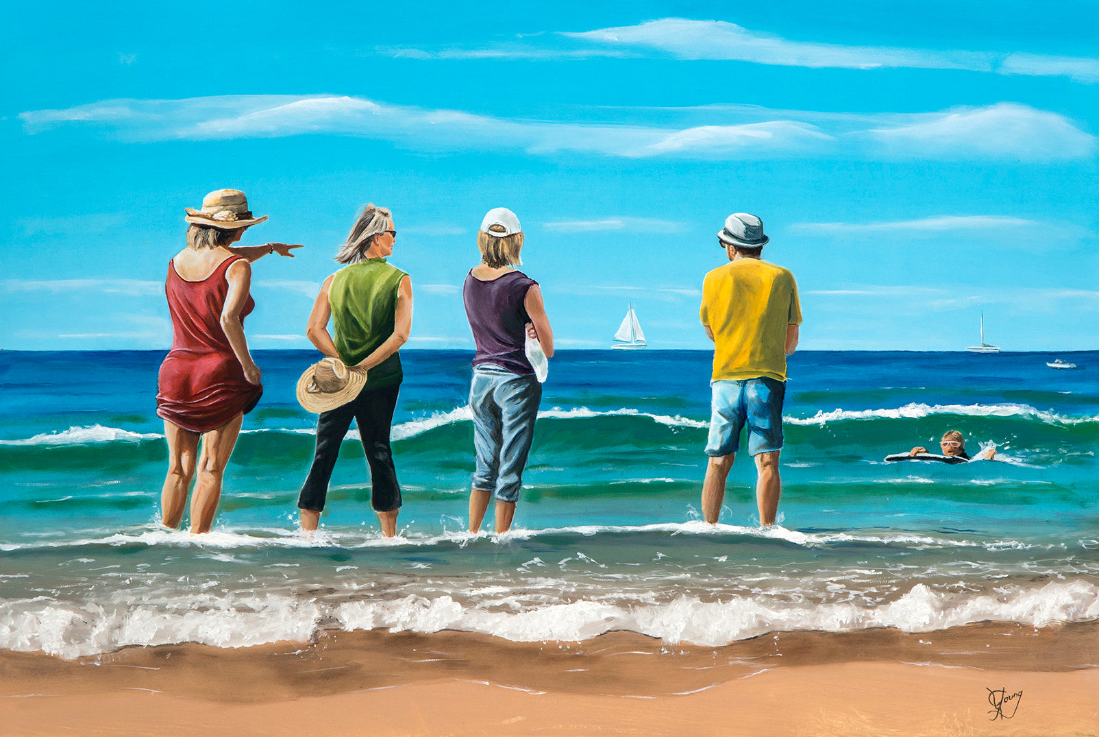 Painting by Graham Young Artist. Family standing on a beach looking at the ocean with a sailboat in the distance.