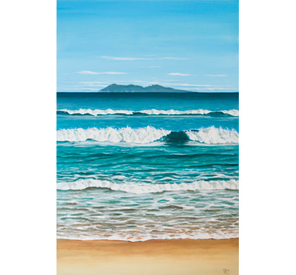 Mayor Island (Tuhua) in the distance seen from Waihi Beach, Western Bay of Plenty coastline.