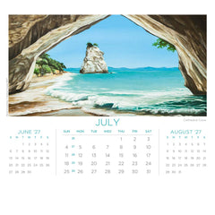 July page of the desk 2027 calendar featuring "Cathedral Cove" by Graham Young Artist