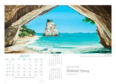 July page of the large wall 2027 calendar featuring "Cathedral Cove" by Graham Young Artist