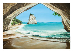 July page of the wall booklet 2027 calendar featuring "Cathedral Cove" by Graham Young Artist