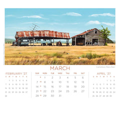 March page of the desk 2027 calendar featuring "Canterbury Plains Barn" by Graham Young Artist