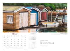 May page of the large wall 2027 calendar featuring "Boatsheds on the Sounds" by Graham Young Artist