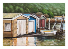 May page of the wall booklet 2027 calendar featuring "Boatsheds on the Sounds" by Graham Young Artist