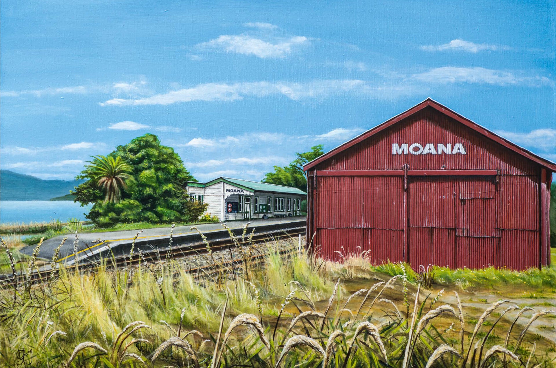 A fine old railway station sits beside Lake Brunner, West Coast, South Island - A painting by Graham Young Artist.