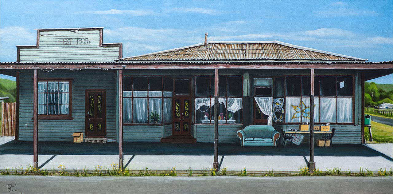 Oasis on Main Street, Ohura by Graham Young Artist — a shaded rural building on the deserted main street of Ohura, New Zealand