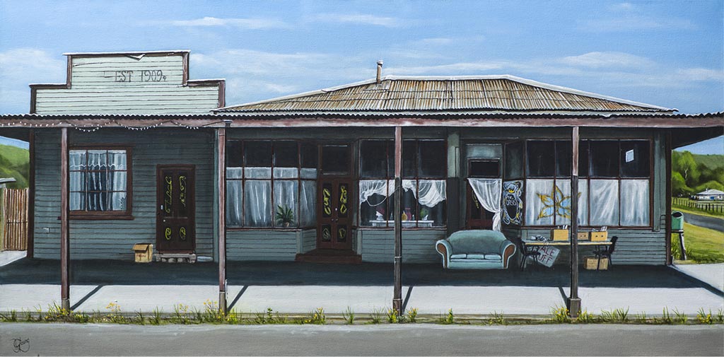 Original oil painting of Oasis on Main Street, Ohura by Graham Young Artist, a shaded building on the deserted main street of a Forgotten World Highway town, New Zealand