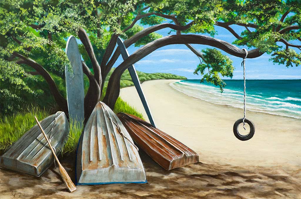Original oil painting of A Shady Haven by Graham Young Artist, dinghies and surf boards sheltered in the shade on a summer beach corner, New Zealand