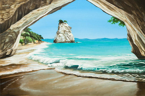 Original oil painting of Cathedral Cove by Graham Young Artist, Te Hoho Rock framed through the cave at Cathedral Cove, Coromandel, New Zealand