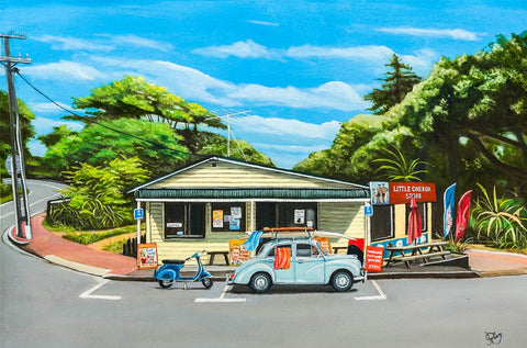 Original oil painting of Little Oneroa Dairy by Graham Young Artist, a corner dairy overlooking Little Oneroa Beach, Waiheke Island, New Zealand