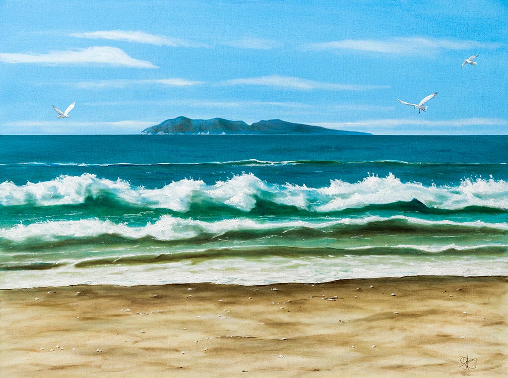 Original oil painting of Mayor Island Morning by Graham Young Artist, waves and seagulls off the Western Bay of Plenty coast, New Zealand