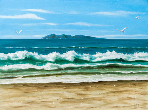 Original oil painting of Mayor Island Morning by Graham Young Artist, waves and seagulls off the Western Bay of Plenty coast, New Zealand