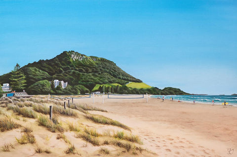 Original oil painting of The Mount by Graham Young Artist. Mount Maunganui viewed from Ocean Beach, capturing summer volleyball and surfing on the white sandy beach.