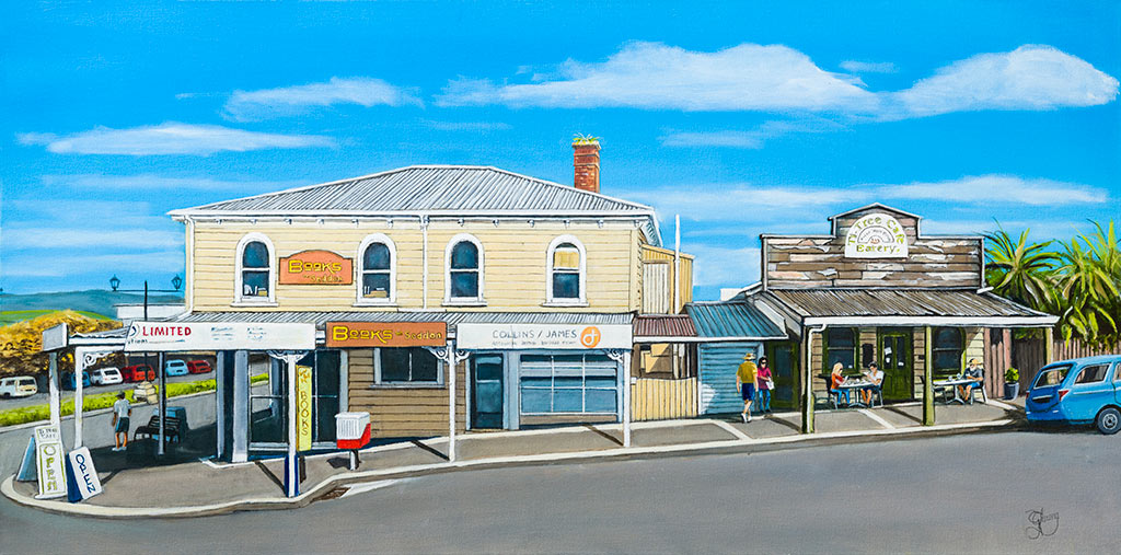 Original oil painting of On the Corner in Waihi by Graham Young Artist, a sunny street corner with shops and a café in Waihi, New Zealand