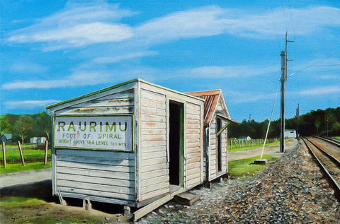 Original oil painting of Raurimu Sheds by Graham Young Artist, weathered railway sheds at the foot of the Raurimu Spiral, Tongariro region, New Zealand