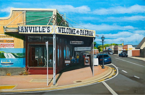 Original oil painting of Welcome to Paeroa by Graham Young Artist, the historic antique shop main street of Paeroa, New Zealand