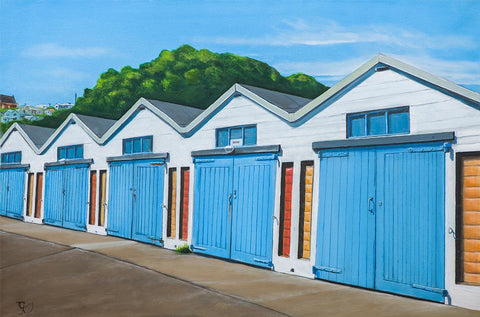 Fine art print of Boat Harbour Boatsheds by Graham Young Artist, iconic boatsheds at Oriental Bay on the Wellington waterfront, New Zealand