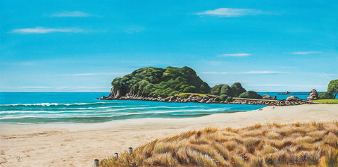 Fine art print of Moturiki Island by Graham Young Artist, Leisure Island off Ocean Beach, Mount Maunganui, New Zealand