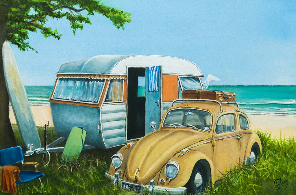 Fine art print of Retro Escape by Graham Young Artist, a vintage VW and caravan beside a deserted beach, New Zealand