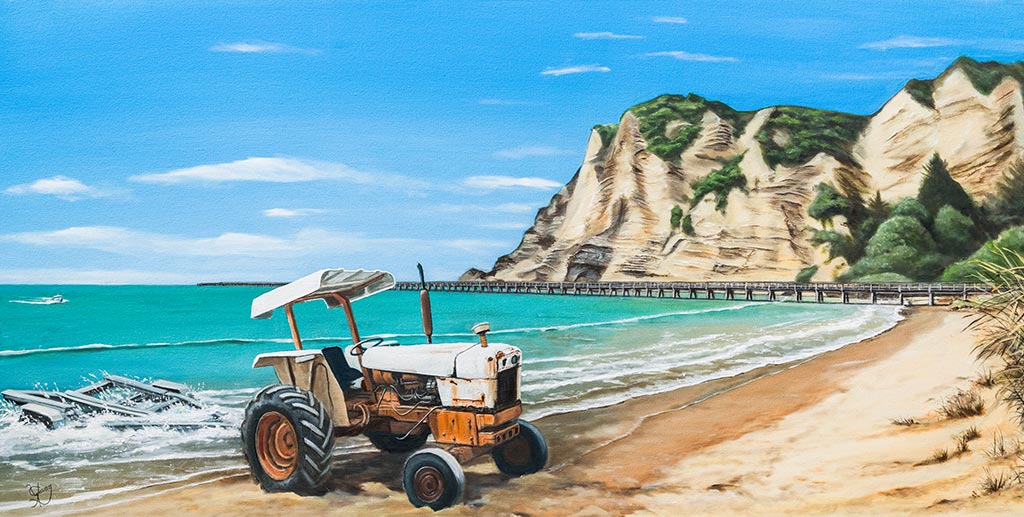 Fine art print of Tolaga Bay by Graham Young Artist, an old tractor waiting on the beach beside the historic wharf, East Cape, New Zealand