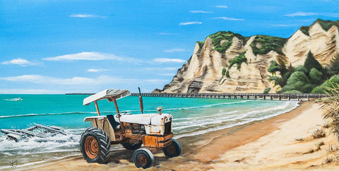 Fine art print of Tolaga Bay by Graham Young Artist, an old tractor waiting on the beach beside the historic wharf, East Cape, New Zealand