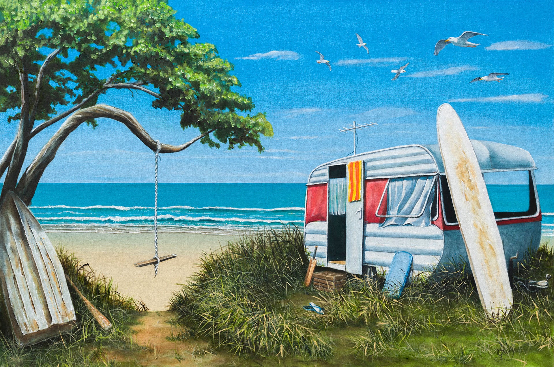 Beach scene with a vintage caravan, surfboard, and swing under a blue sky by Graham Young Artist