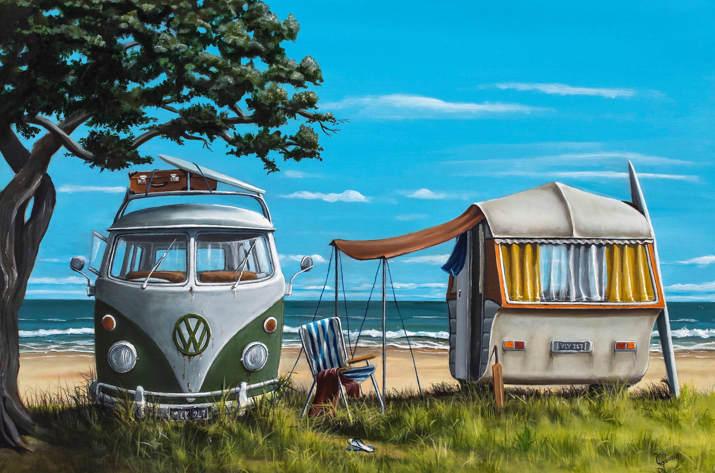 Painting by Graham Young Artist. VW camper van and vintage trailer on a beach with ocean view.