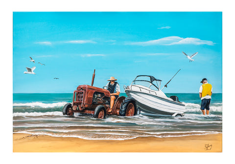 Towing the boat ashore - grahamyoungartist.com - Original Artwork and Prints by New Zealand Artist Graham Young