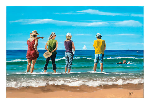 Original oil painting of In the Waves by Graham Young Artist, four friends paddling in the shallows looking out to sea at sailboats