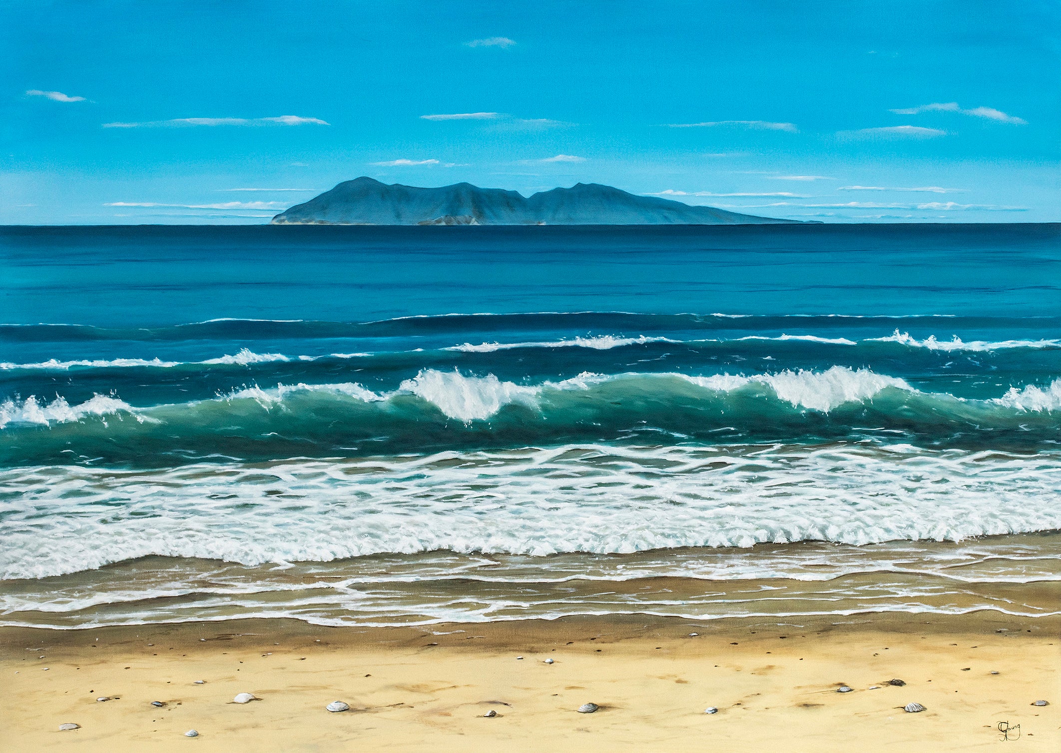 View of Tuhua (Mayor Island) from Waihi Beach as the waves come crashing into the shore. The island sits proudly as a sentinel on the horizon in a seascape that is constantly changing in the Bay of Plenty. A painting by Graham Young Artist